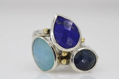 TRIPLE STACK STERLING SILVER & 14K MULTI STONE RING SET SIZE 8 (1 of 2)