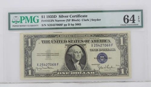 $1 1935D SILVER CERTIFICATE 64 EPQ CHOICE UNCIRCULATED X25427068F PP D BP 5065 (1 of 2)