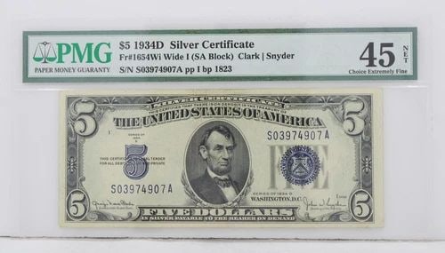 $5 1934D SILVER CERTIFICATE 45 CHOICE EXTREMELY FINE S/N S03974907A PP I BP 1823 (1 of 2)