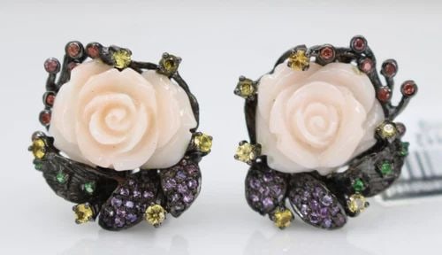 STERLING SILVER & RHODIUM PLATED CORAL ROSE & SAPPHIRE EARRINGS (1 of 2)