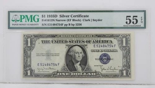 $1 1935D SILVER CERTIFICATE 55 EPQ ABOUT UNCIRCULATED E51484754F PP B BP 5256 (1 of 2)