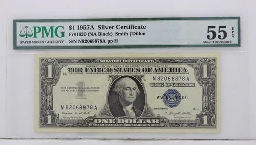 $1 1957A SILVER CERTIFICATE PMG 55 EPQ ABOUT UNCIRCULATED S/N N82068878A PP H: $1 1957A SILVER CERTIFICATE PMG 55 EPQ ABOUT UNCIRCULATED S/N N82068878A PP H $1 1957A SILVER CERTIFICATE PMG 55 EPQ ABOUT UNCIRCULATED S/N N82068878A PP H Description $1 1957A Silver Certificate Note