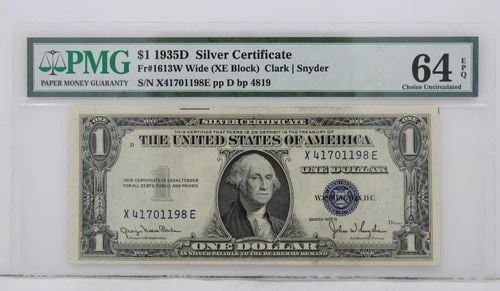 $1 1935D SILVER CERTIFICATE 64 EPQ CHOICE UNCIRCULATED X41701198E PP D BP 4819: $1 1935D SILVER CERTIFICATE 64 EPQ CHOICE UNCIRCULATED X41701198E PP D BP 4819 Description $1 1935D Silver Certificate Note FR#1613W Wide XE Block PMG 64 EBQ Choice Uncirculated The responsibility and
