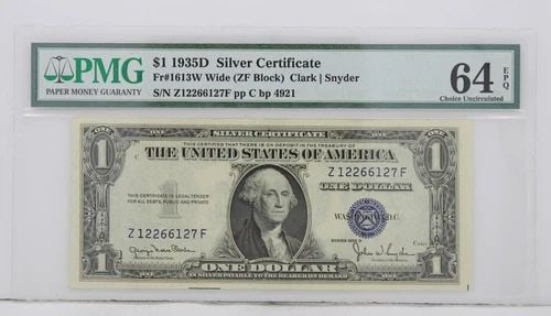 $1 1935D SILVER CERTIFICATE 64 EPQ CHOICE UNCIRCULATED Z12266127F PP C BP 4921: $1 1935D SILVER CERTIFICATE 64 EPQ CHOICE UNCIRCULATED Z12266127F PP C BP 4921 Description $1 1935D Silver Certificate Note FR#1613W Wide ZF Block PMG 64 EBQ Choice Uncirculated The responsibility and