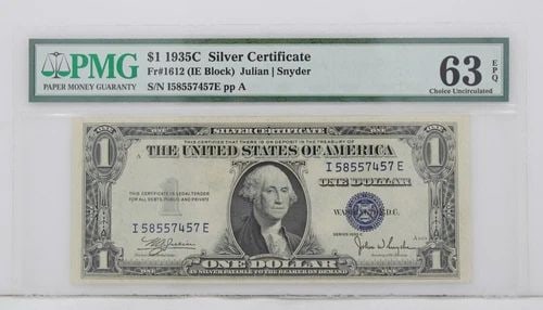 $1 1935C SILVER CERTIFICATE 63 EPQ CHOICE UNCIRCULATED S/N I58557457E PP A (1 of 2)