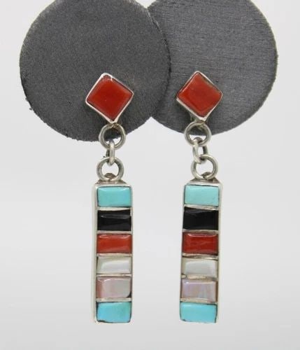 STERLING SILVER CORAL ONYX MULTI GEMSTONE DANGLE EARRINGS 3.2 GRAMS (1 of 2)
