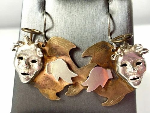 CINDY HORLEY 1994 ARTIST MASKED ANGEL FISH EARRINGS STERLING SILVER BRASS 14.5G (1 of 2)
