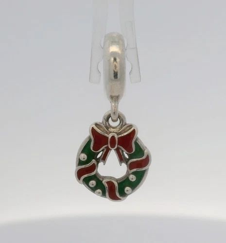 PANDORA STERLING SILVER CHRISTMAS WREATH DANGLE CHARM 796362ENMX (1 of 2)