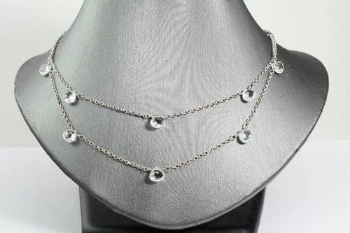 STERLING SILVER 2 STRAND NECKLACE W/ DANGLING TEARDROP SHAPE CRYSTAL -ADJUSTABLE (1 of 2)