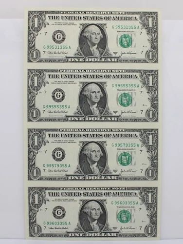 UNCUT SHEET OF FOUR (4) $1 ONE DOLLAR BILLS - SERIES 2003 UNCIRCULATED (1 of 2)