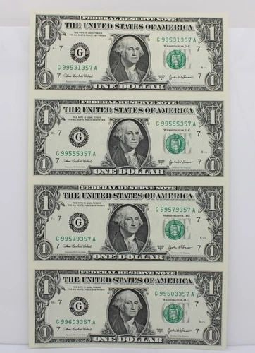UNCUT SHEET OF FOUR (4) $1 ONE DOLLAR BILLS - SERIES 2003 UNCIRCULATED (1 of 2)
