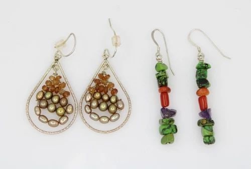 SET OF 2 STERLING SILVER 925 ASSORTED GEMSTONES DANGLE EARRINGS 6.8 GRAMS (1 of 2)