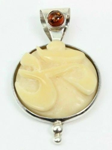 STERLING SILVER OM SYMBOL CARVED PENDANT W/ AMBER ACCENT YOGA SPIRITUAL (1 of 2)