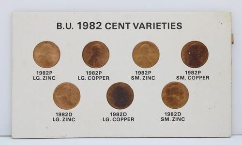 B.U. 1982 PENNY CENTS PHILADELPHIA , DENVER, ZINC & COPPER VARIETIES COLLECTION (1 of 2)