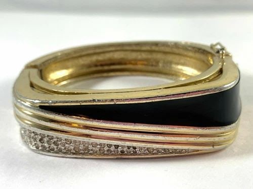 SIGNED PANETTA VINTAGE HINGED BANGLE BRACELET GOLD AND BLACK ENAMEL RHINESTONES (1 of 2)