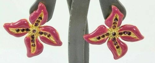 ELLE VINTAGE GOLD PINK AND PURPLE RHINESTONE FLOWER EARRINGS (1 of 2)