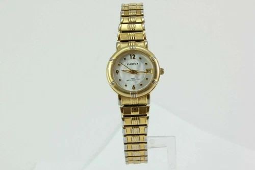 LADIES ELGIN WHITE DIAL GOLD TONE EXPANSION BAND DATE QUARTZ WATCH ELT016: LADIES ELGIN WHITE DIAL GOLD TONE EXPANSION BAND DATE QUARTZ WATCH ELT016 Description Ladies Elgin White Dial Gold Tone Expansion Band Date Quartz Watch ELT016 New Battery Installed. In great working 