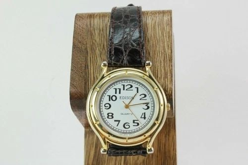 EDISON WHITE DIAL GOLD TONE CASE BLACK LEATHER BAND MENS WATCH (1 of 2)