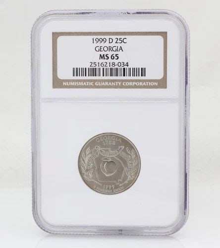 1999-D 25C GEORGIA STATE QUARTER NGC GRADE MS 65: 1999-D 25C GEORGIA STATE QUARTER NGC GRADE MS 65 Description 1999-D 25C Georgia State Quarter MS 65 Coin is in great condition. Plastic holder shows signs of shelf wear. The listing is for the graded 