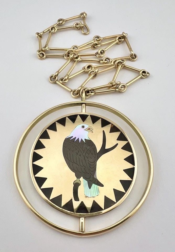 DENNIS & NANCY EDAAKIE ZUNI 14K YELLOW GOLD EAGLE SPINNER PENDANT NECKLACE 113G (1 of 2)