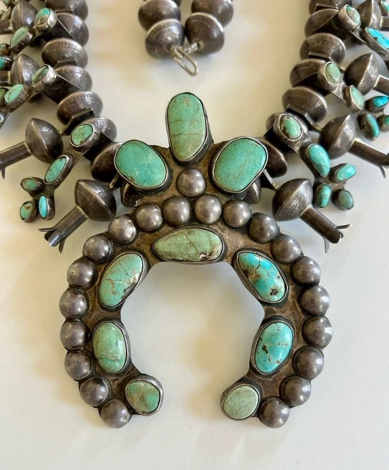 HUGE (1008G) 1940S NAVAJO COIN SILVER QUARTERS TURQUOISE SQUASH BLOSSOM NECKLACE: MASSIVE HUGE (1008g) 1940s Navajo Coin Silver Quarters Turquoise Squash Blossom Necklace BIGGEST SQUASH BLOSSOM NECKLACE ON This Amazing necklace features huge specimens of Natural High-Grade Turquois