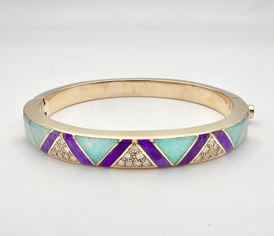 NAVAJO 14K GOLD SPIDERWEB BISBEE SUGILITE LAPIS & OPAL & DIAMOND BANGLE BRACELET (1 of 2)