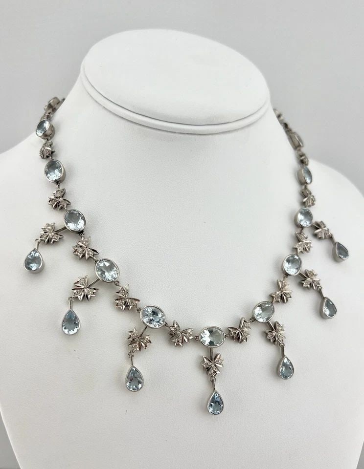 VICTORIAN 14K-18K WHITE GOLD 36CT AQUAMARINE & .80CT DIAMOND DANGLE NECKLACE 50G: VICTORIAN 14K-18K WHITE GOLD 36CT AQUAMARINE & .80CT DIAMOND DANGLE NECKLACE 50G Antique Victorian 14k-18k White Gold 36.00ct Aquamarine & .80ct Diamond Dangle Necklace Size: 16.75" Long tip To Tip & 