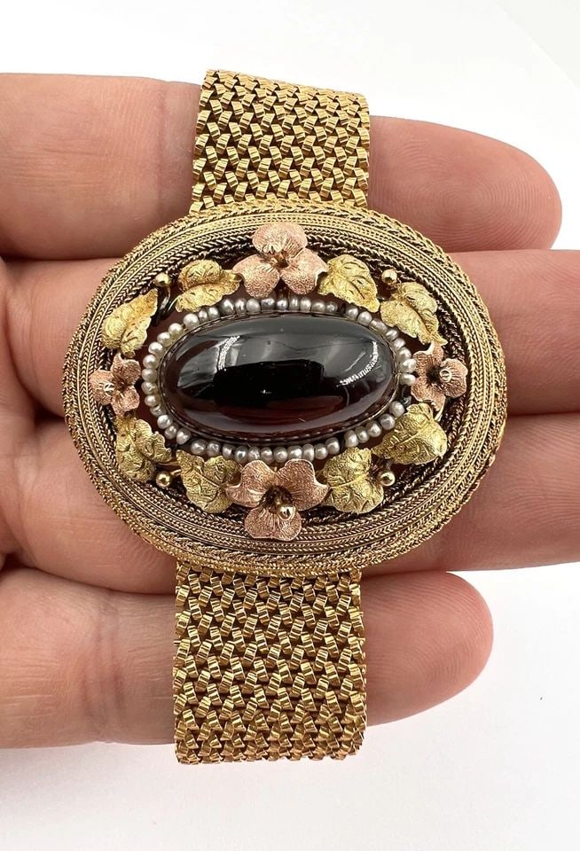 VICTORIAN ETRUSCAN 14K TRI COLOR GOLD BOHEMIAN GARNET SEED PEARL BRACELET 45.2G (1 of 2)