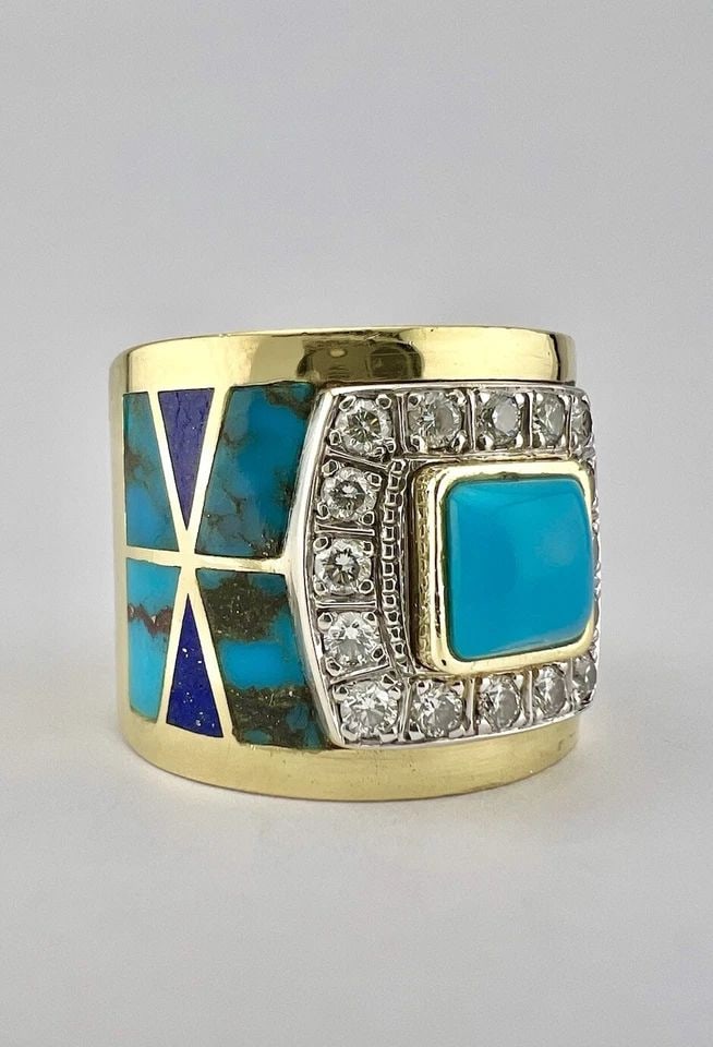 DAVID FREELAND JR NAVAJO 18K GOLD BISBEE TURQUOISE VS2 .80CT DIAMOND LAPIS RING (1 of 2)