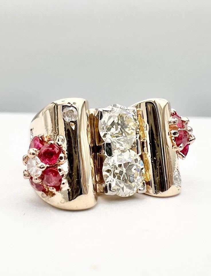 ANTIQUE DECO YELLOW GOLD 2.52CT DIAMOND & .90CT RUBY APPRX FLOWER GYPSY RING (1 of 2)