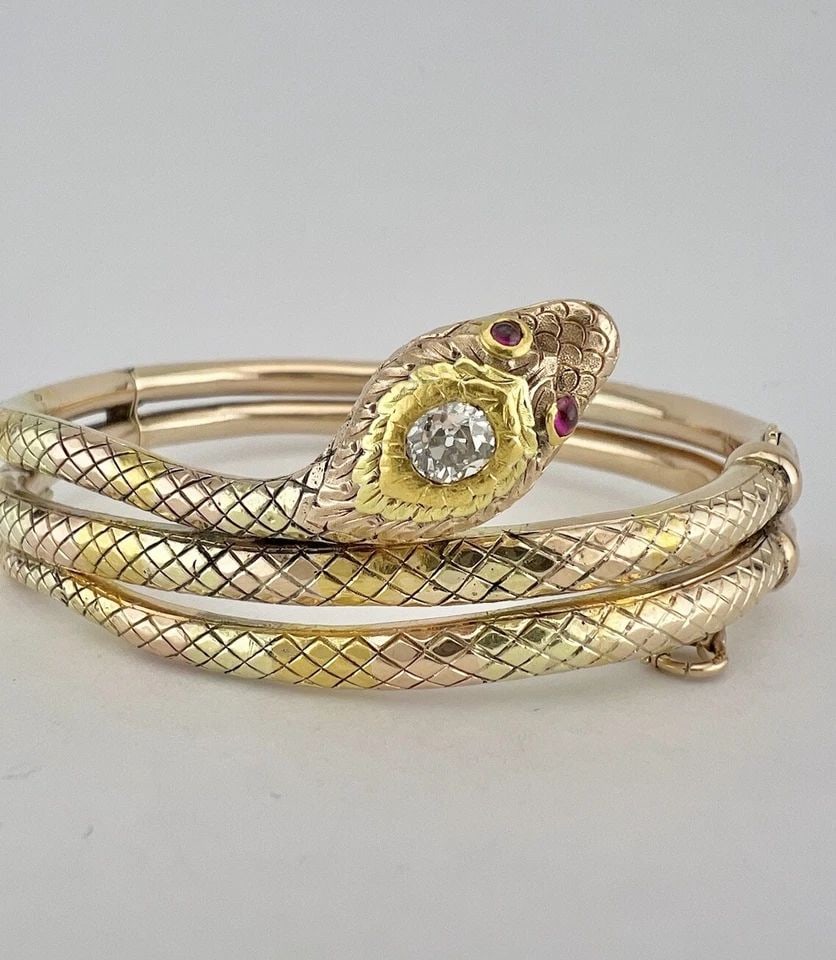 VICTORIAN TRI COLOR GOLD ROSE CUT DIAMOND & RUBY SNAKE BANGLE BRACELET 43.5G (1 of 2)