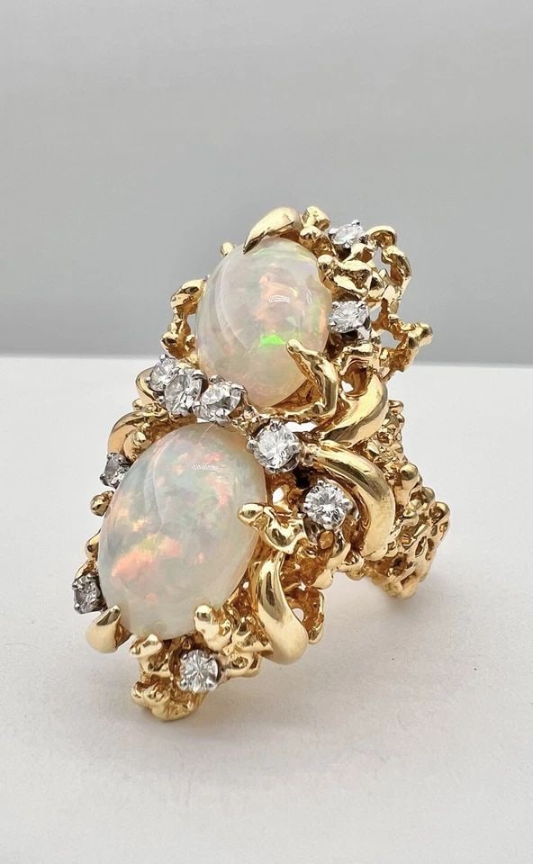 VTG MODERNIST BRUTALIST 18K YELLOW GOLD AUSTRALIAN BLACK OPAL DIAMOND RING 28.7G (1 of 2)