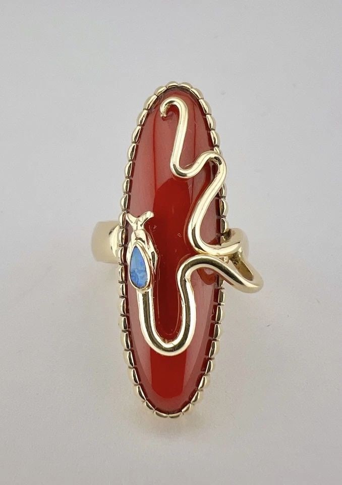 MUSEUM NAVAJO 14K YELLOW GOLD MEDITERRANEAN RED CORAL & FIRE OPAL SNAKE RING: MUSEUM NAVAJO 14K YELLOW GOLD MEDITERRANEAN RED CORAL & FIRE OPAL SNAKE RING Museum Navajo 14k Yellow Gold Mediterranean Red Coral & Fire Opal Snake Ring Ring Size: 7.25 - Can be Resized Weight is 18.