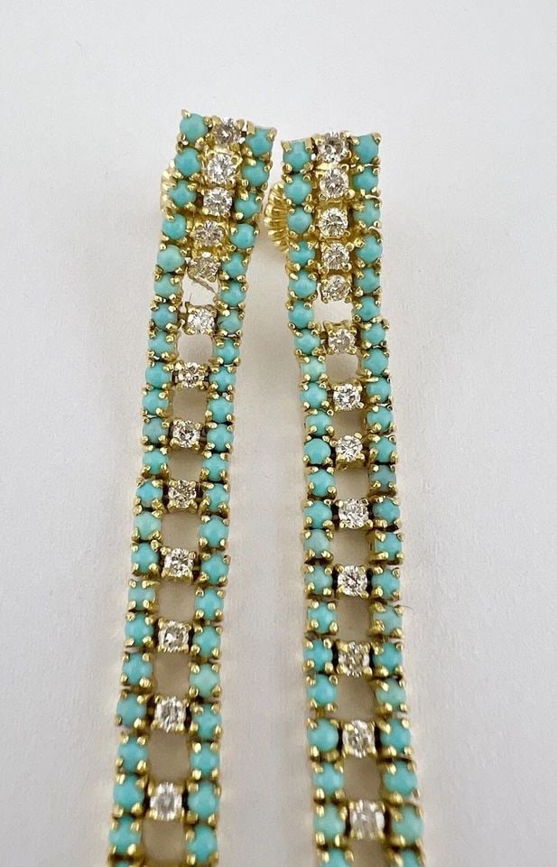 VTG 18K YELLOW GOLD 2.25CT DIAMOND & PERSIAN TURQUOISE LONG POST EARRINGS 6 1/8": VTG 18K YELLOW GOLD 2.25CT DIAMOND & PERSIAN TURQUOISE LONG POST EARRINGS 6 1/8" Vtg 18K Yellow Gold 2.25ct Diamond & Persian Turquoise LONG Post Earrings 6 1/8" Size: 6 1/8" Tall By Slightly Over 1/4