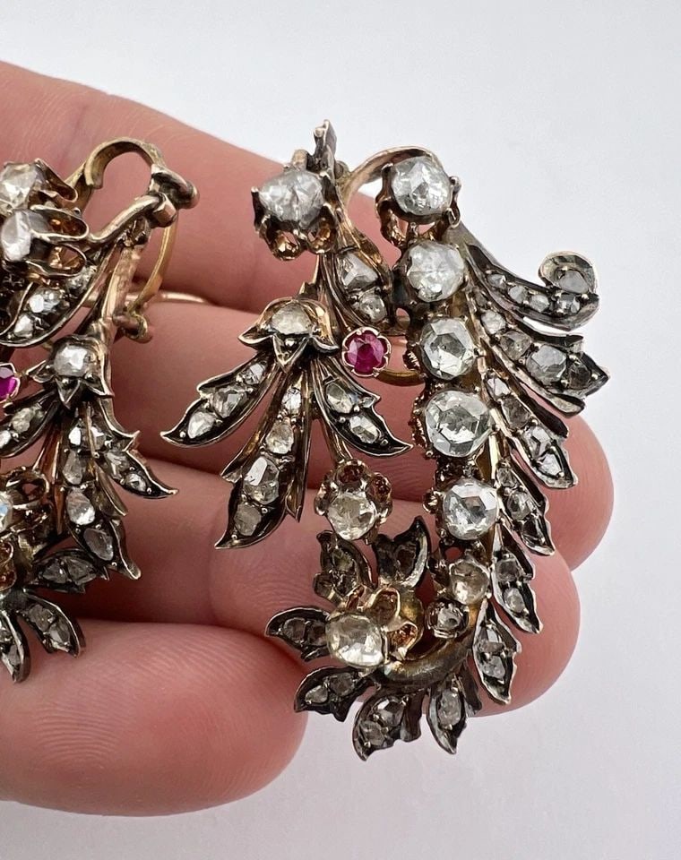 VICTORIAN GEORGIAN GOLD ROSE CUT DIAMOND & RUBY FLORAL OMEGA BACK POST EARRINGS: VICTORIAN GEORGIAN GOLD ROSE CUT DIAMOND & RUBY FLORAL OMEGA BACK POST EARRINGS Antique Victorian Georgian Gold Rose Cut Diamond & Ruby Floral Omega Back Post Earrings Size: Just Under 2" Tall By Slig
