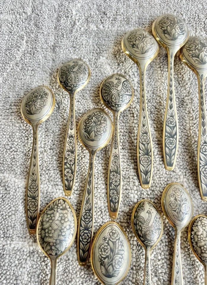 VINTAGE RUSSIAN SOVIET NIELLO SILVER 875 FLORAL FLATWARE SET (21 PIECES) -809.8G (1 of 2)