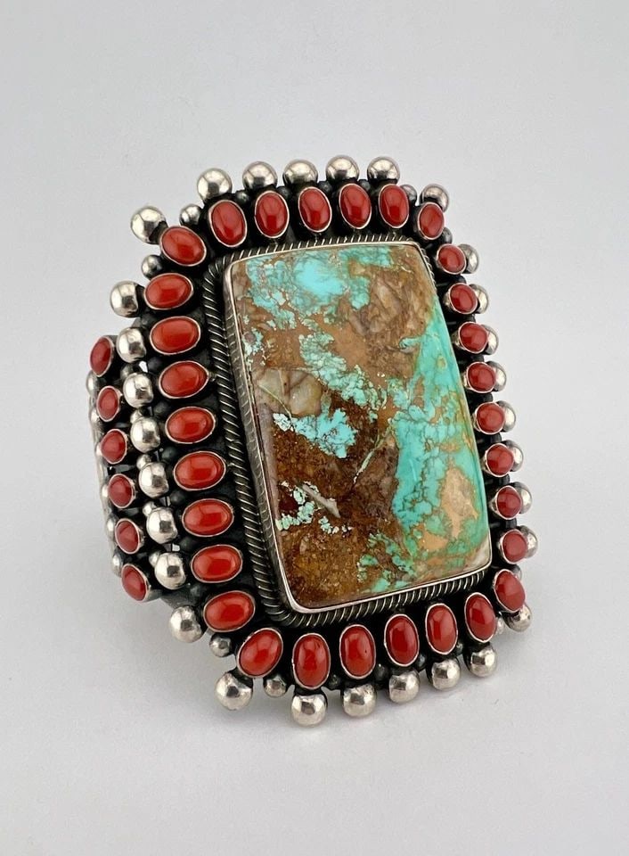 ERNEST ROY BEGAY NAVAJO STERLING ROYSTON TURQUOISE & CORAL CUFF BRACELET 217.8G (1 of 2)