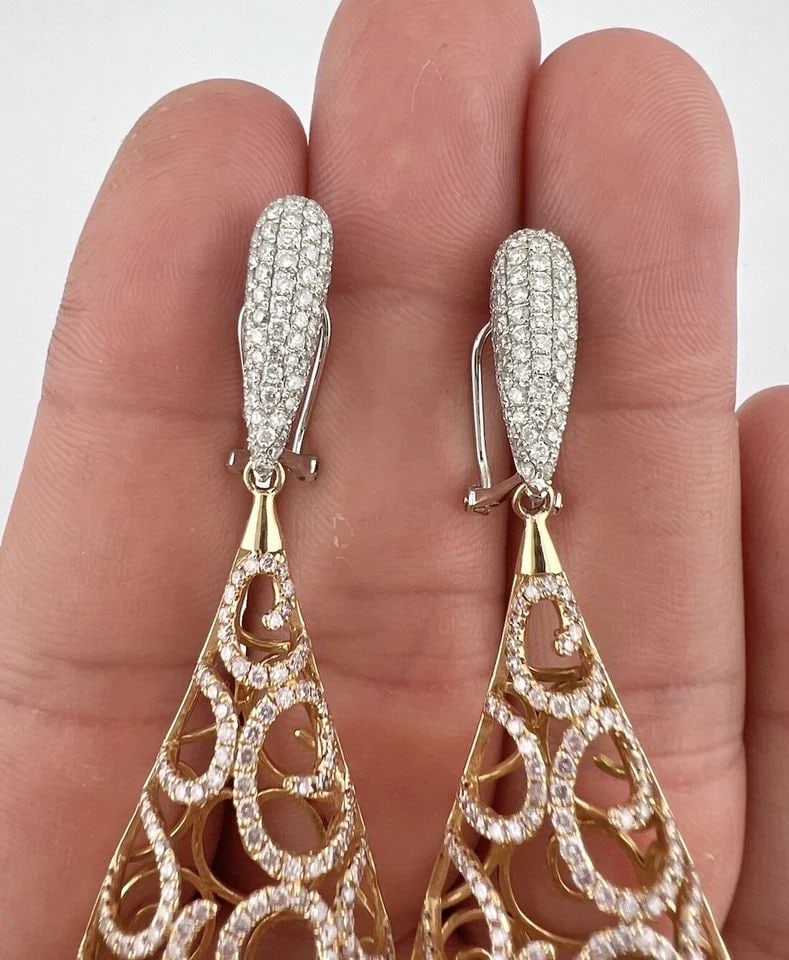 HANA 18K ROSE GOLD 3.85CT DIAMOND OMEGA BACK POST TEARDROP DANGLE EARRINGS 22.5G: HANA 18K ROSE GOLD 3.85CT DIAMOND OMEGA BACK POST TEARDROP DANGLE EARRINGS 22.5G HANA 18k Rose Gold 3.85ct Diamond Omega Back Post Teardrop Dangle Earrings 22.5g Size: Just Under 3" Tall & Almost 1" W