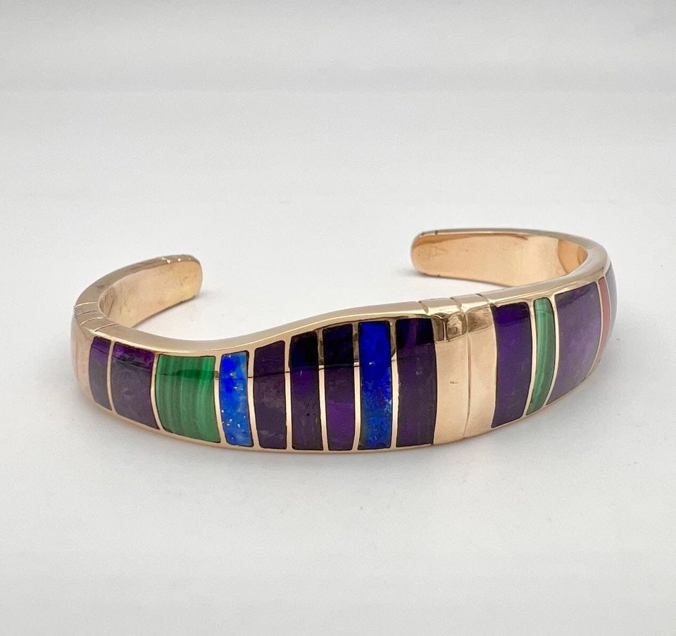 VTG NAVAJO 14K YELLOW GOLD CORAL LAPIS LAZULI MALACHITE CUFF BRACELET (1 of 2)