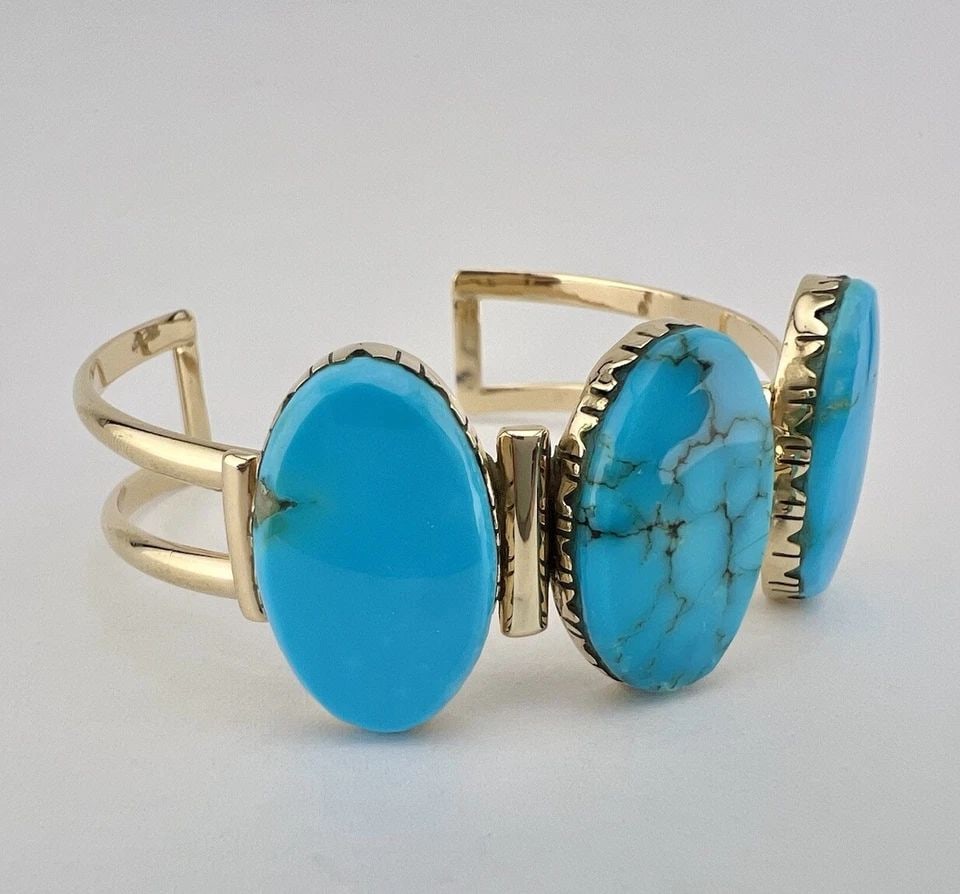 VINTAGE TOM DAVID NAVAJO 14K YELLOW GOLD BLUE GEM TURQUOISE CUFF BRACELET 30.5G (1 of 2)