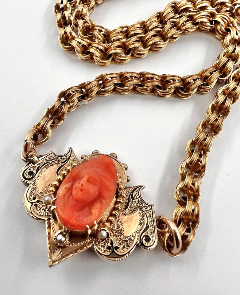 VICTORIAN 14K YELLOW GOLD CARVED NATURAL CORAL CAMEO SEED PEARL NECKLACE 26G: VICTORIAN 14K YELLOW GOLD CARVED NATURAL CORAL CAMEO SEED PEARL NECKLACE 26G Victorian 14k Yellow Gold Carved Natural Coral Cameo Seed Pearl Necklace 26g Pendant Size: 1 1/8" Tall By Almost 1 1/2" Wid