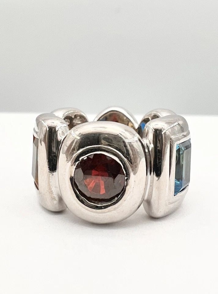 DESIGNER MODERNIST ITALIAN 18K WHITE GOLD MULTI GEMSTONE ETERNITY WIDE RING 20G: DESIGNER MODERNIST ITALIAN 18K WHITE GOLD MULTI GEMSTONE ETERNITY WIDE RING 20G Designer Modernist Italian 18k White Gold Multi Gemstone Eternity Wide Ring 20g Ring Size: 6.5 Metal: 18k White Gold - T