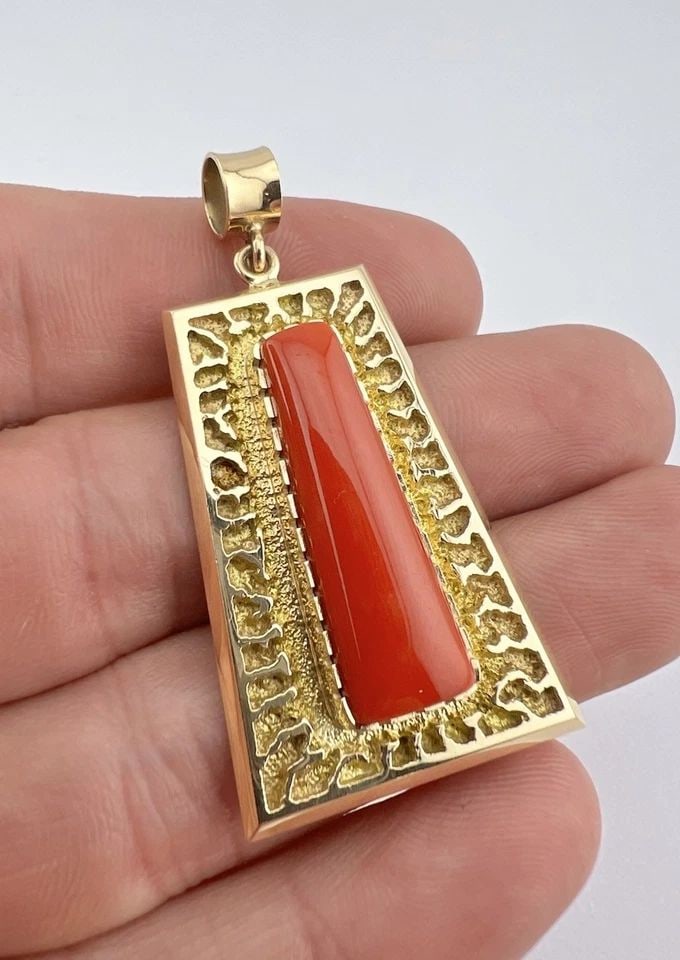 AL NEZ NAVAJO TUFA CAST 14K YELLOW GOLD NATURAL MEDITERRANEAN RED CORAL PENDANT (1 of 2)