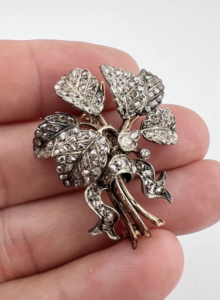 1800'S FRENCH GEORGIAN GOLD & SILVER ROSE CUT DIAMOND FLORAL BROOCH PENDANT (1 of 2)