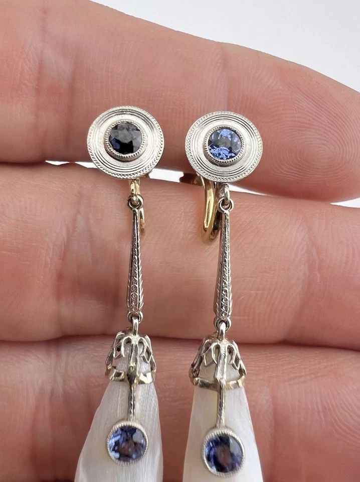 RARE ART DECO 14K GOLD & PLATINUM TOP MISSISSIPPI SAPPHIRE RIVER PEARL EARRINGS (1 of 2)
