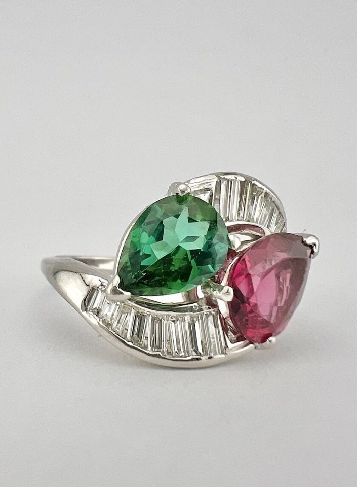 ANTIQUE PLATINUM HOT PINK & GREEN TOURMALINE & BAGUETTE DIAMOND MOI ET TOI RING: ANTIQUE PLATINUM HOT PINK & GREEN TOURMALINE & BAGUETTE DIAMOND MOI ET TOI RING Antique Platinum Hot Pink & Green Tourmaline & Baguette Diamond Moi et Toi Ring Ring Size: 8.5 - Can be Resized Metal: .
