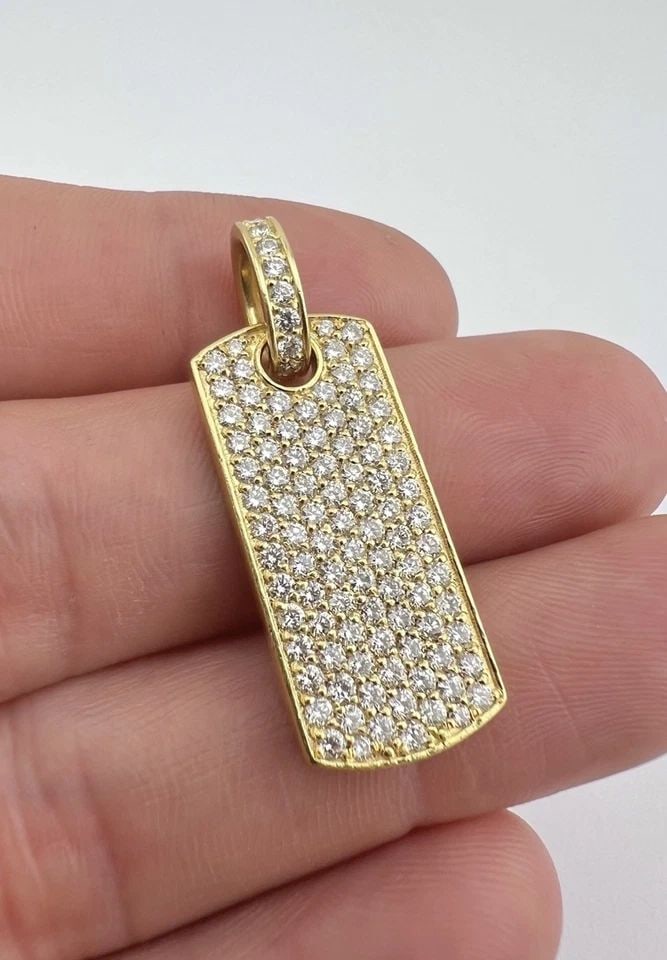 DESIGNER CUSTOM 18K YELLOW GOLD 2.80CTW DIAMOND DOG TAG PENDANT: Designer Custom 18K Yellow Gold 2.80ctw Diamond Dog Tag Pendant Size: 1 1/2" Tall With Bail by a Tad Over 1/2" Wide at The Base Weight is 8.5 Grams on My Scale Metal: 18k Yellow Gold - Hallmarked Amaz