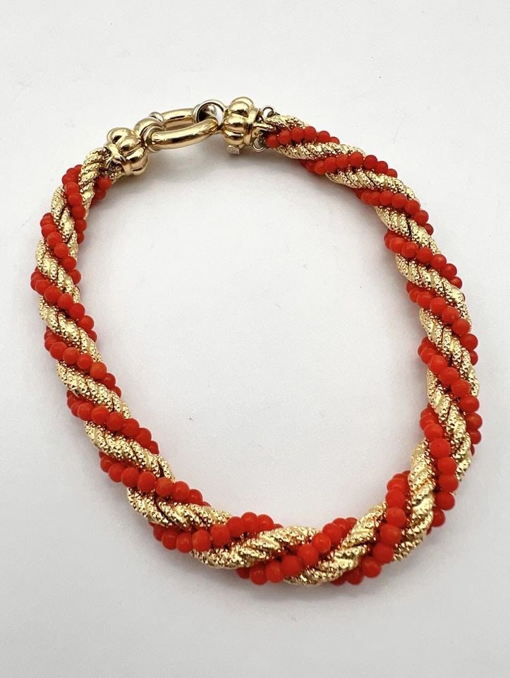 RICCARDO MAROTTO ITALY 18K YELLOW GOLD RED CORAL TWIST ROPE CHAIN BRACELET 19.6G (1 of 2)