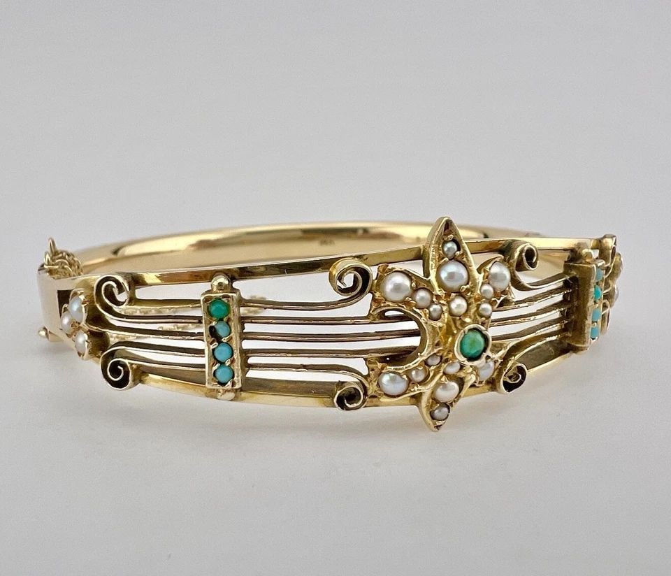 VICTORIAN 14K GOLD TURQUOISE & SEED PEARL FLEUR DE LIS HINGED BANGLE BRACELET: VICTORIAN 14K GOLD TURQUOISE & SEED PEARL FLEUR DE LIS HINGED BANGLE BRACELET Antique Victorian 14k Yellow Gold Turquoise & Seed Pearl Fleur de lis Hinged Bangle Bracelet Wearable Length is Around 6.5