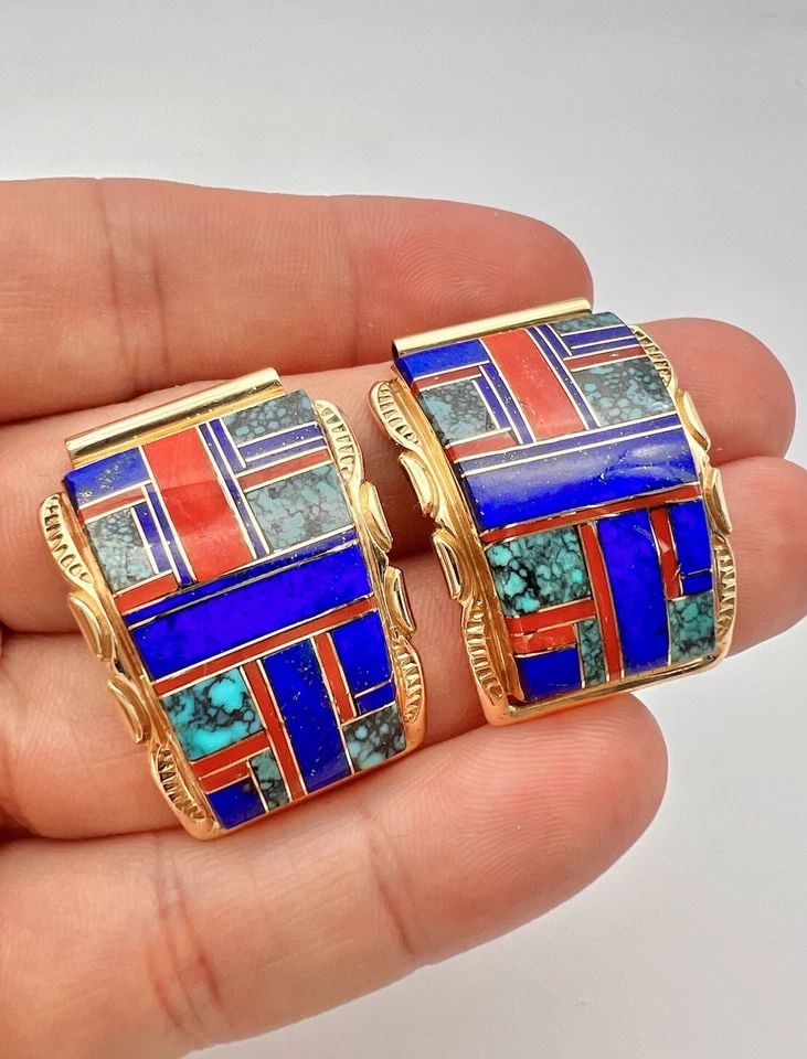 N WALLEY NAVAJO 14K YELLOW GOLD SPIDERWEB TURQUOISE CORAL LAPIS WATCH TIPS 21.7G: N WALLEY NAVAJO 14K YELLOW GOLD SPIDERWEB TURQUOISE CORAL LAPIS WATCH TIPS 21.7G N Walley Navajo 14k Yellow Gold Spiderweb Turquoise Coral Lapis Men's Watch Tips 21.7g Weight 21.7 Grams on my scale Si
